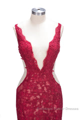 Long Mermaid V-neck Lace Appliques Semi Formal Dress with Slit