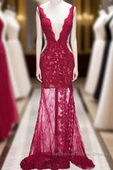 Long Mermaid V-neck Lace Appliques Semi Formal Dress with Slit