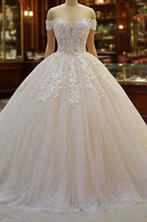 Long Off the Shoulder Sweetheart Ball Gown Sequin Appliques Lace Wedding Dresses