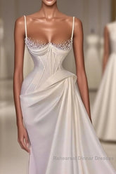 Long Pleated Satin Evening Dresses White Mermaid Semi Formal Prom Dress