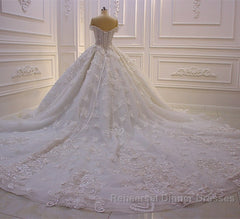 Long Princess Sweetheart Off-the-Shoulder Backless Appliques Lace Ruffles Tulle Wedding Dresses