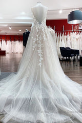 Long Princess Tulle V Neck Sequins Lace Appliques Wedding Dresses