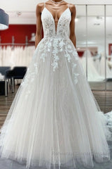 Long Princess Tulle V Neck Sequins Lace Appliques Wedding Dresses