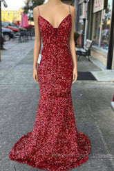 Long Semi Formal Prom Dresses Red Sequins Beaded Mermaid Evening Dress Straps
