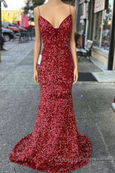 Long Evening Prom Dress Red Sequins Beaded Mermaid Evening Dress Straps