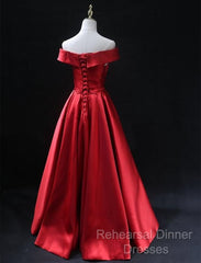 Long Red Satin Semi Formal Prom Dresses  Off The Shoulder Evening Gowns
