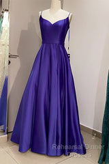 Long Royal Blue V Neck Semi Formal Prom Dress Spaghetti Strap