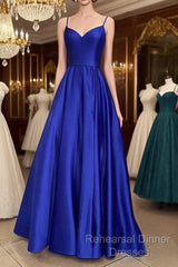 Long Royal Blue V Neck Semi Formal Prom Dress Spaghetti Strap