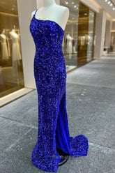 Long Sequin Semi Formal Prom Dress Royal Blue Formal Dresses One-Shoulder