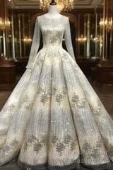 Long Sleeve Luxury Diamond Sparkly Wedding Dress Semi Formal Prom Dress