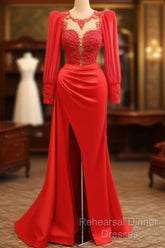 Long Sleeve Mermaid Applqiue Dress With Slit