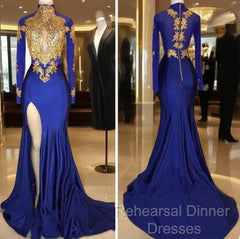 Long Sleeves Blue Gold Semi Formal Prom Dresses  Side Slit Evening Gowns