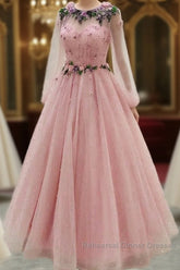 Long Sleeves Semi Formal Prom Dresses Princess Tulle Beaded