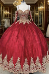 Long Sleeves Quinceanera Dresses Gold Lace Appliques Off Shoulder