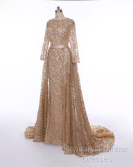 Long Sleeves Sequin Gold Mermaid Semi Formal Prom Dress