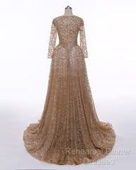 Long Sleeves Sequin Gold Mermaid Semi Formal Prom Dress