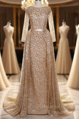 Long Sleeves Sequin Gold Mermaid Semi Formal Prom Dress