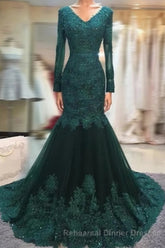Long Sleeves V-neck Lace Semi Formal Prom Mermaid Dresses,Women Evening Dress