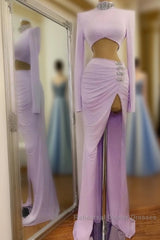 Long Two Piece Mermaid High Neck Split Semi Formal Dresses with Sleeves