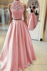 Long Two Piece Semi Formal Prom Dress Lace High Neck Open Back