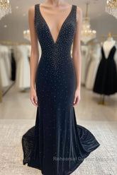 Long Velvet Black Semi Formal Prom Dresses Straps Crystals V Neck Formal Dress Gowns
