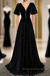 Long Velvet V-Neckline Floor Length Semi Formal Prom Dresses, Black Evening Wedding Party Dresses