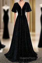 Long Velvet V-Neckline Floor Length Evening Prom Dress, Black Evening Wedding Party Dress