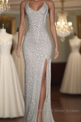 Long White Sequin Semi Formal Prom Dresses Cross Back Halter Evening Gown
