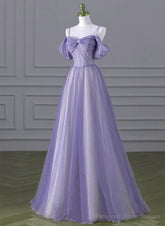 Lovely A-line Light Purple Tulle Beaded Long Party Dress, Light Purple Prom Dress