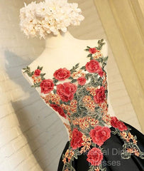Lovely Black High Low Homecoming Dress With Floral Lace, Party Dress