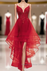 Lovely Blue High Low V-Neckline Straps Party Dress, New Straps Semi Formal Prom Dress