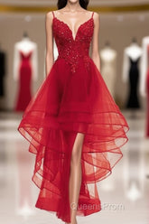 Lovely Blue High Low V-Neckline Straps Party Dress, New Straps Evening Prom Dress