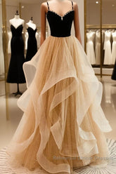 Lovely Champagne A-Line Beaded Strap Party Dress, Tulle Layers Long Semi Formal Prom Dress