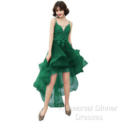 Lovely Dark Green High Low Chic Party Dress Semi Formal Prom Dress, V-Neckline Straps Homecoming Dress