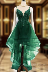Lovely Dark Green High Low Chic Party Dress Semi Formal Prom Dress, V-Neckline Straps Homecoming Dress