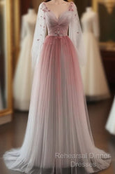 Lovely Gradient A-Line Tulle Long Sleeves Party Dress, Gradient Semi Formal Prom Dress