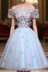 Lovely Light Blue Tulle Knee Length Homecoming Dress, Cute Floral Party Dress