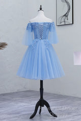 Lovely Light Blue With Lace Off Shoulder Short Semi Formal Prom Dress, Blue Homecoming Dresses