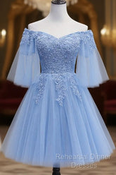 Lovely Light Blue With Lace Off Shoulder Short Semi Formal Prom Dress, Blue Homecoming Dresses