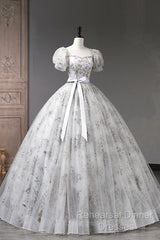 Lovely Light Grey Tulle Sequins Long Semi Formal Prom Dress, A-Line Grey Evening Party Dress