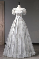 Lovely Light Grey Tulle Sequins Long Semi Formal Prom Dress, A-Line Grey Evening Party Dress