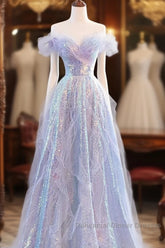 Lovely Off Shoulder A-Line Tulle And Sequins Semi Formal Prom Dress, Sweetheart Long Evening Dress