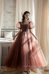 Lovely Puffy Sleeves Tulle Long Party Dress, Scoop Ball Gown Long Semi Formal Prom Dress
