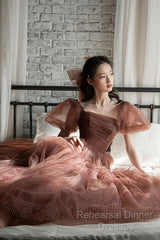 Lovely Puffy Sleeves Tulle Long Party Dress, Scoop Ball Gown Long Semi Formal Prom Dress