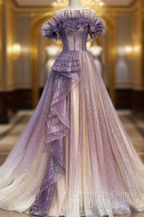 Lovely Purple Shiny Tulle Off Shoulder Evening Dress, Purple Long Semi Formal Prom Dress
