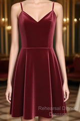 Lovely Short Homecoming Dresses, Wine Red Straps V-Neckline Semi Formal Prom Dresses, Party Dresses