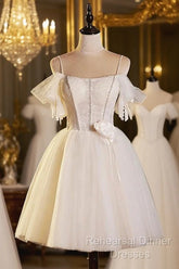 Lovely Spaghetti Strap Tulle Short Semi Formal Prom Dress, Light Champagne A-Line Evening Party Dress