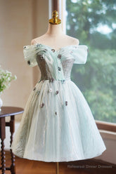 Lovely Tulle Knee Length Green Party Dress, Off the Shoulder A-Line Evening Dress