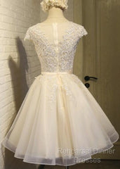 Lovely Tulle Light Champagne Short Semi Formal Prom Dress, Homecoming Dresses , Formal Dress, Semi Formal Prom Dress