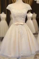 Lovely Tulle Light Champagne Short Semi Formal Prom Dress, Homecoming Dresses , Formal Dress, Semi Formal Prom Dress